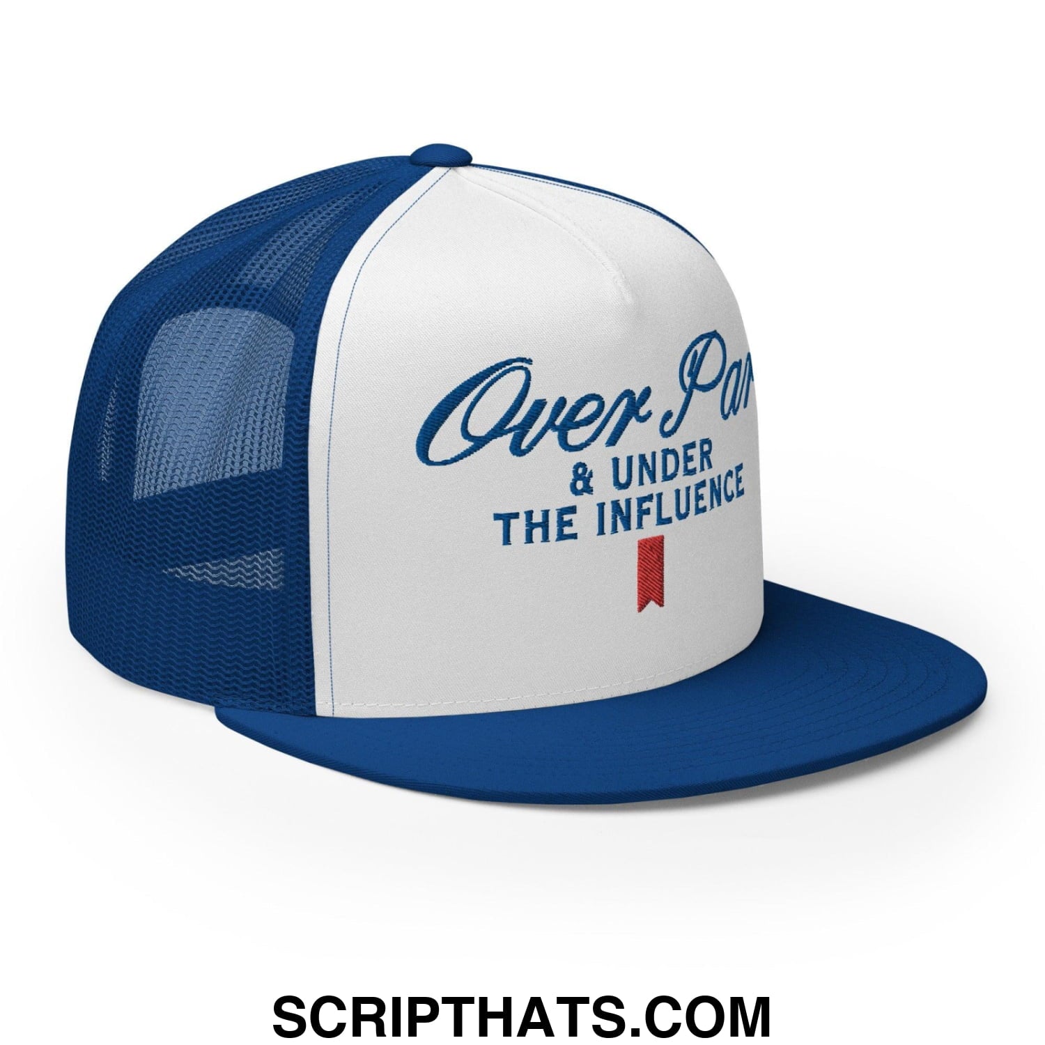 Over Par and Under the Influence Flat Bill Brim Trucker Hat Royal White Royal