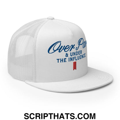 Over Par and Under the Influence Flat Bill Brim Trucker Hat White