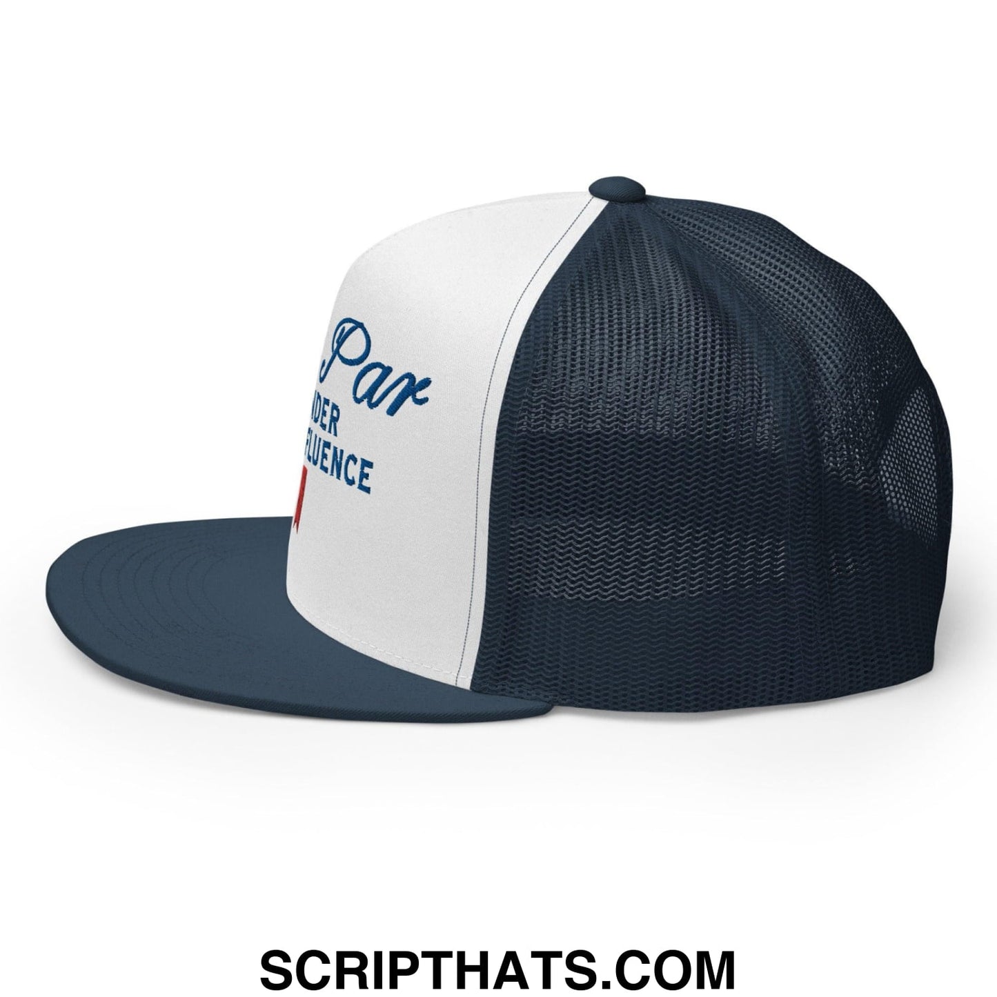 Over Par and Under the Influence Flat Bill Brim Trucker Hat Navy White Navy