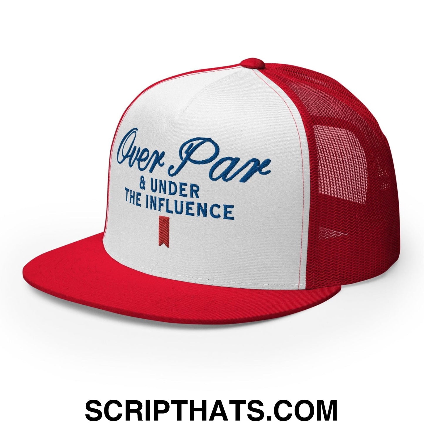 Over Par and Under the Influence Flat Bill Brim Trucker Hat Red White Red