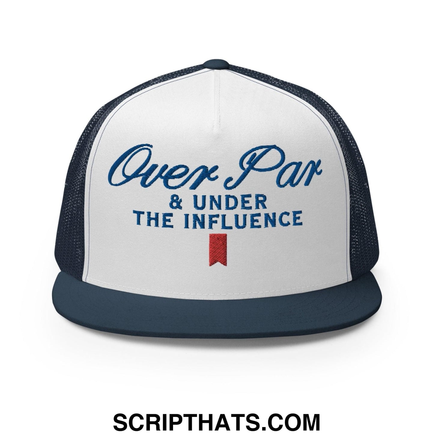 Over Par and Under the Influence Flat Bill Brim Trucker Hat Navy White Navy