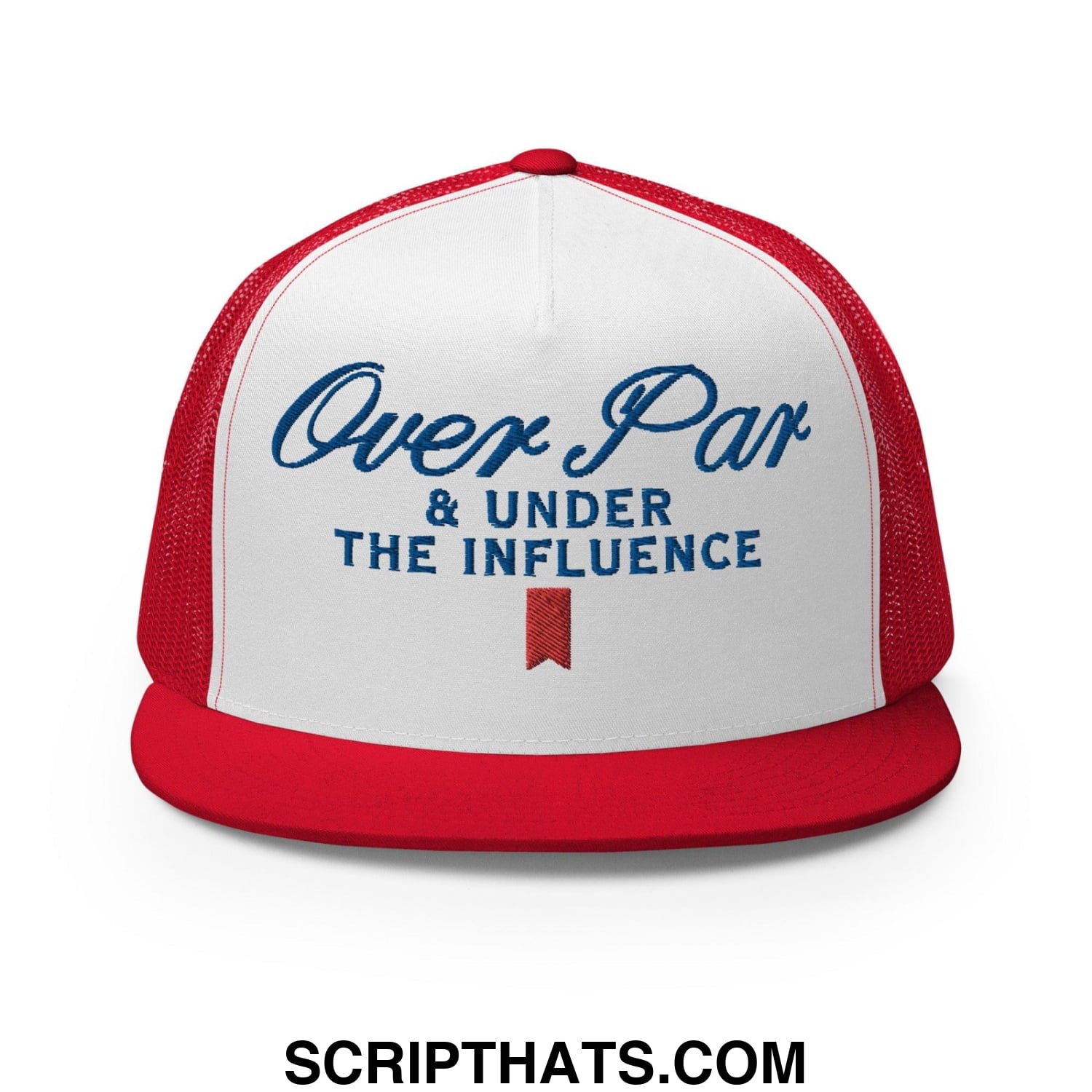 Over Par and Under the Influence Flat Bill Brim Trucker Hat Red White Red