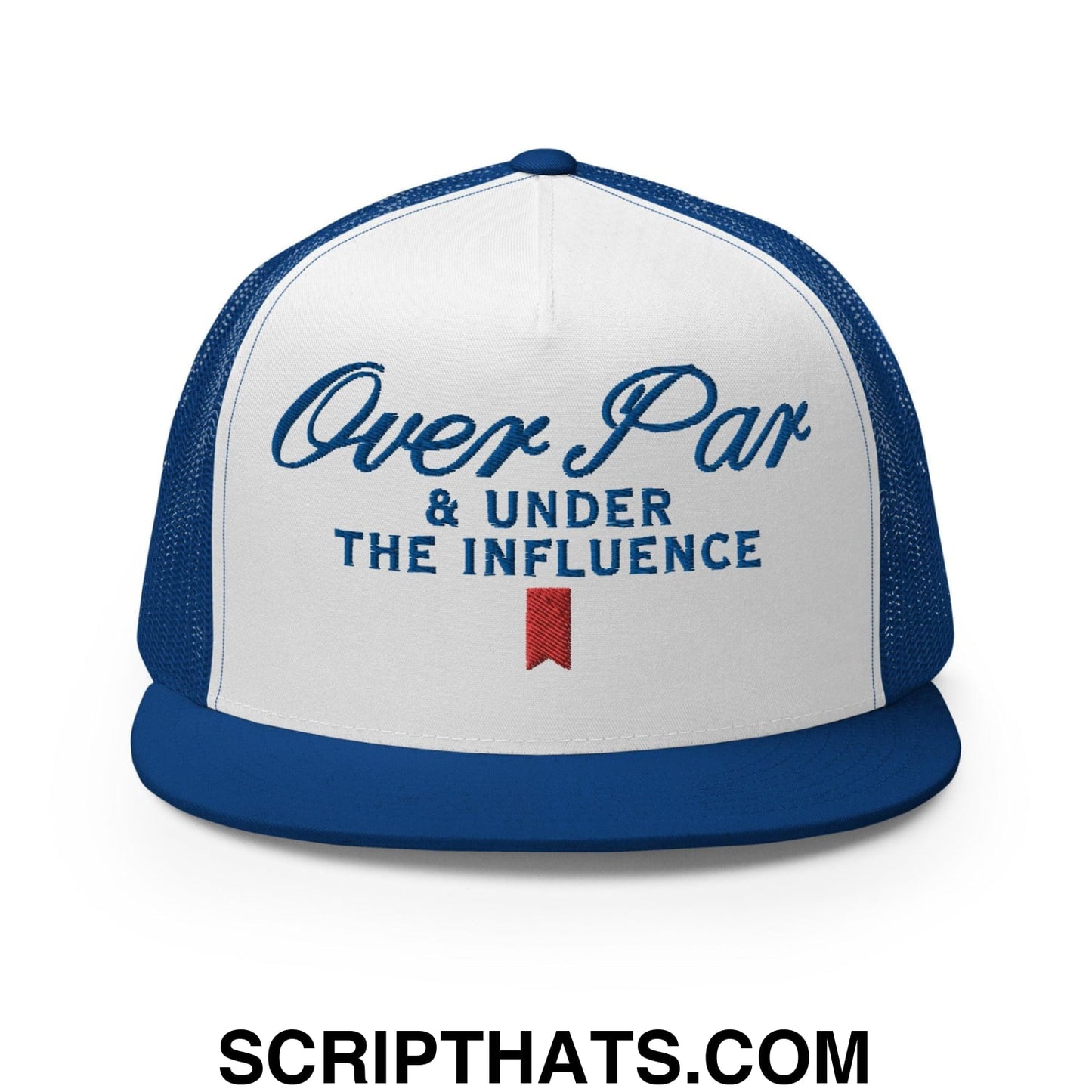 Over Par and Under the Influence Flat Bill Brim Trucker Hat Royal White Royal