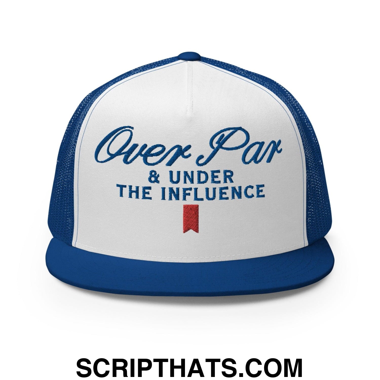 Over Par and Under the Influence Flat Bill Brim Trucker Hat Royal White Royal