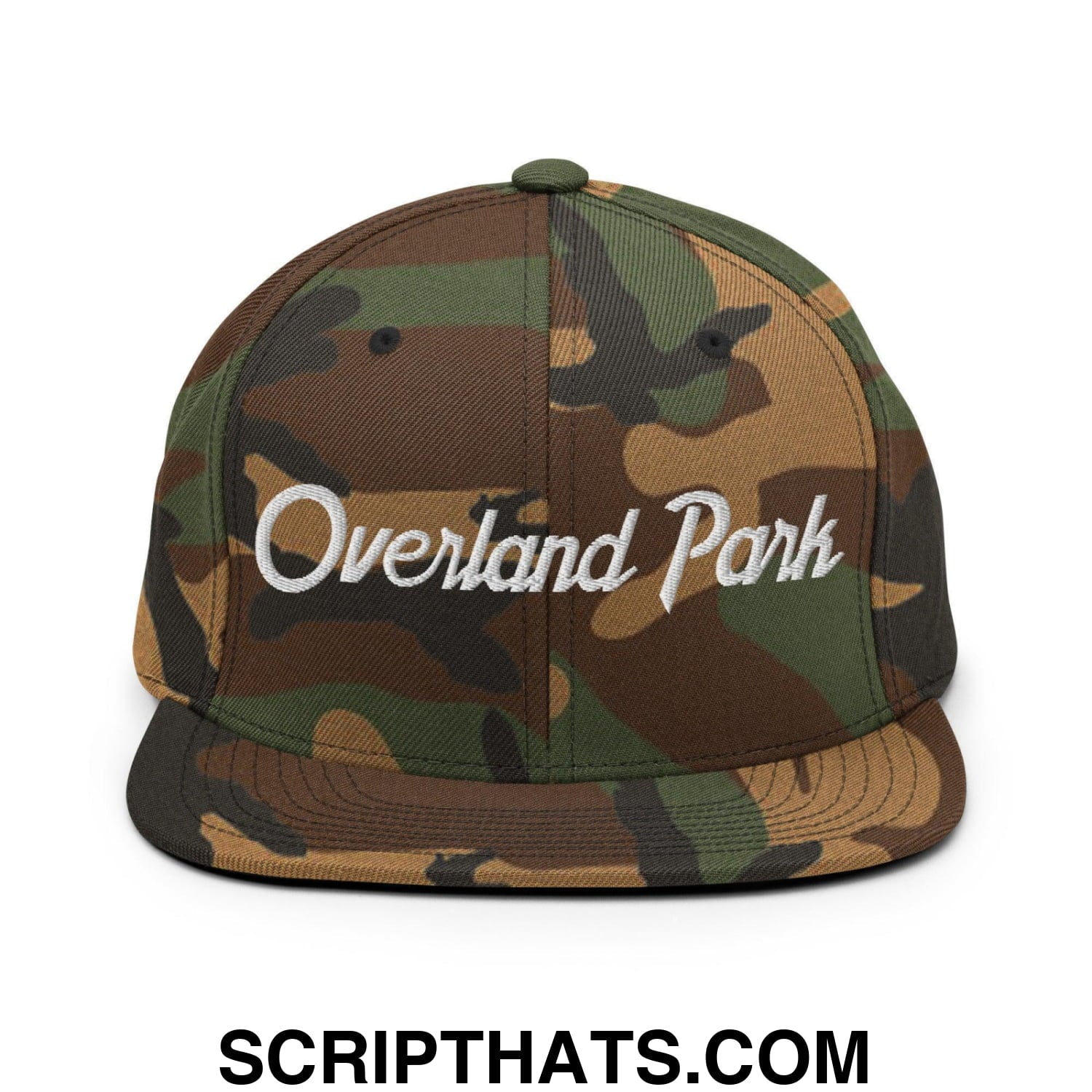 Overland Park Script Snapback Hat Green Camo