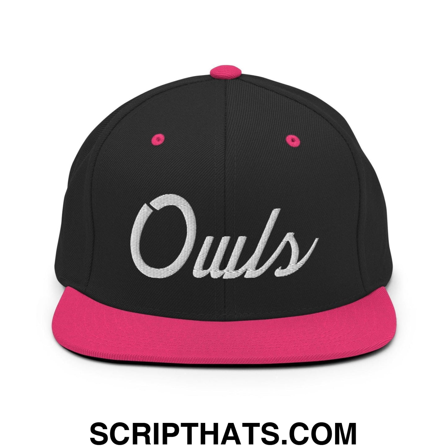 Owls School Mascot Script Snapback Hat Black Neon Pink