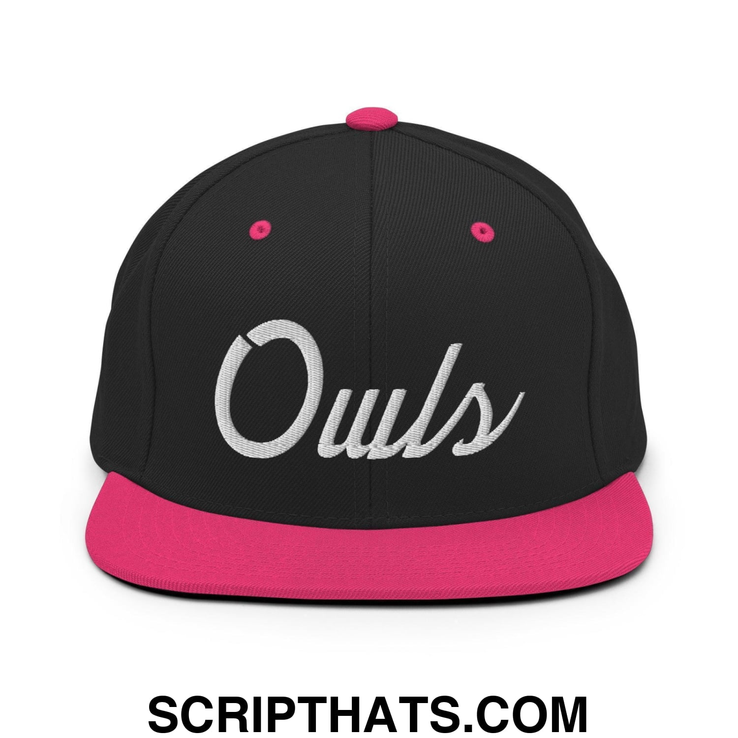 Owls School Mascot Script Snapback Hat Black Neon Pink
