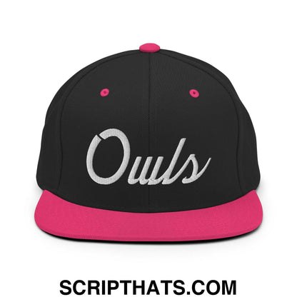 Owls School Mascot Script Snapback Hat Black Neon Pink