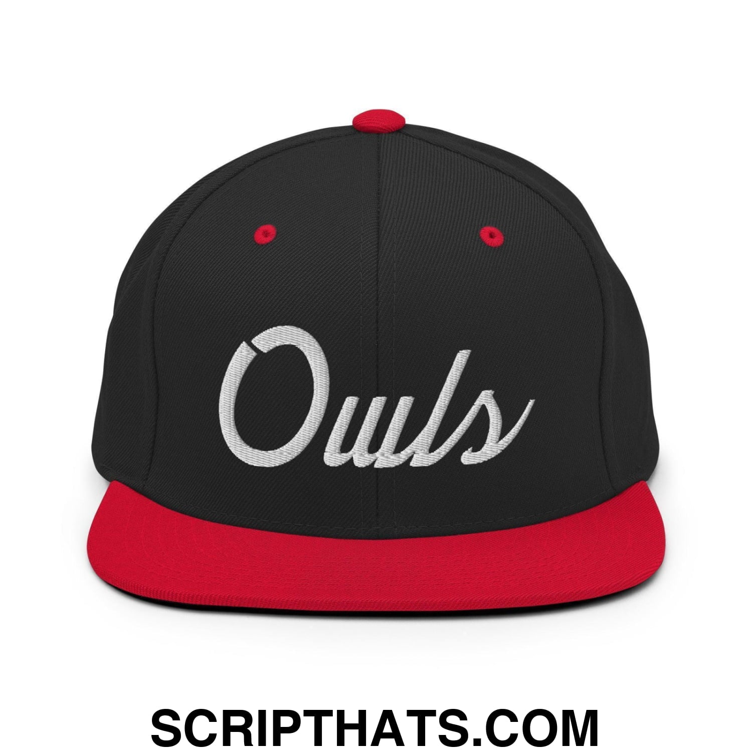 Owls School Mascot Script Snapback Hat Black Red