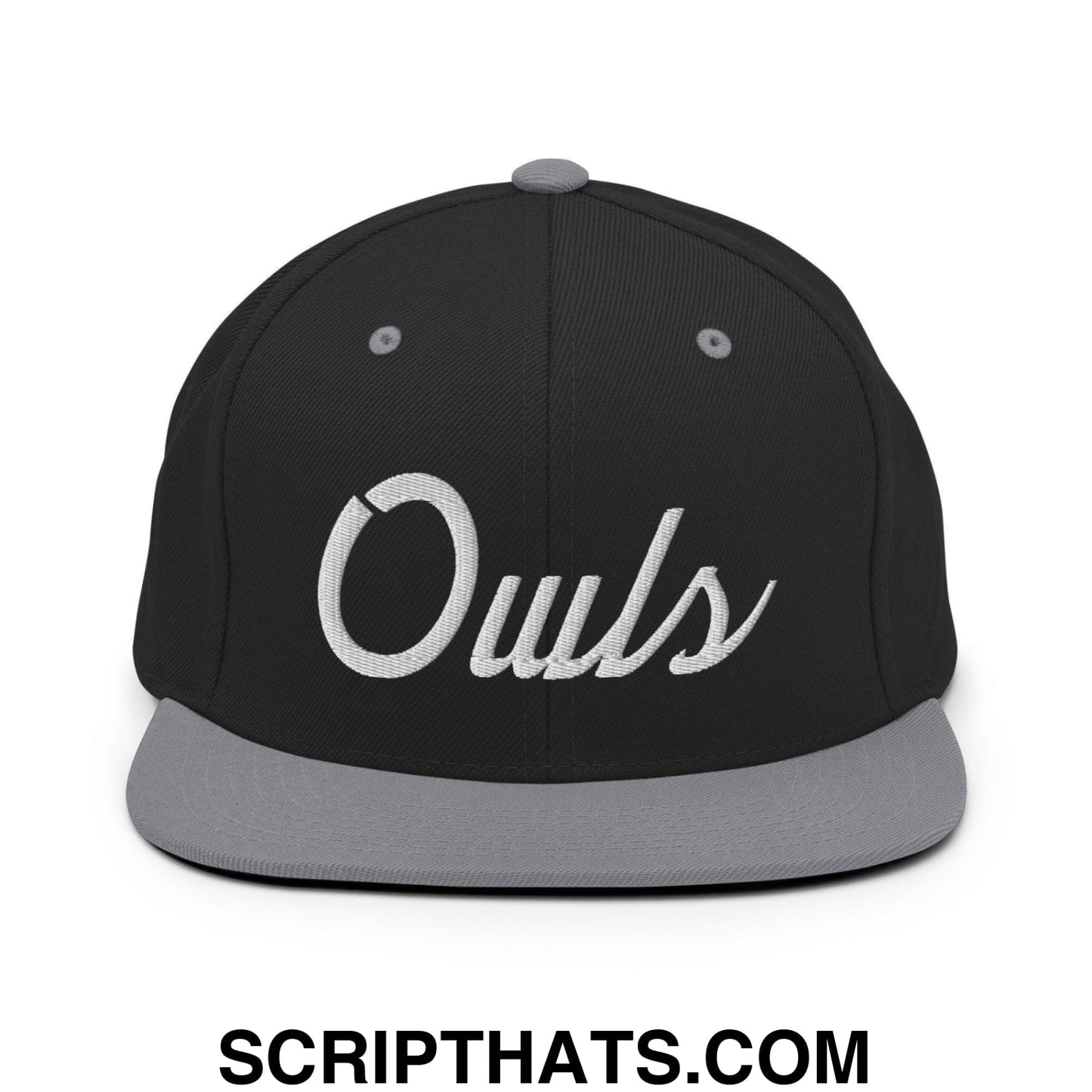 Owls School Mascot Script Snapback Hat Black Silver