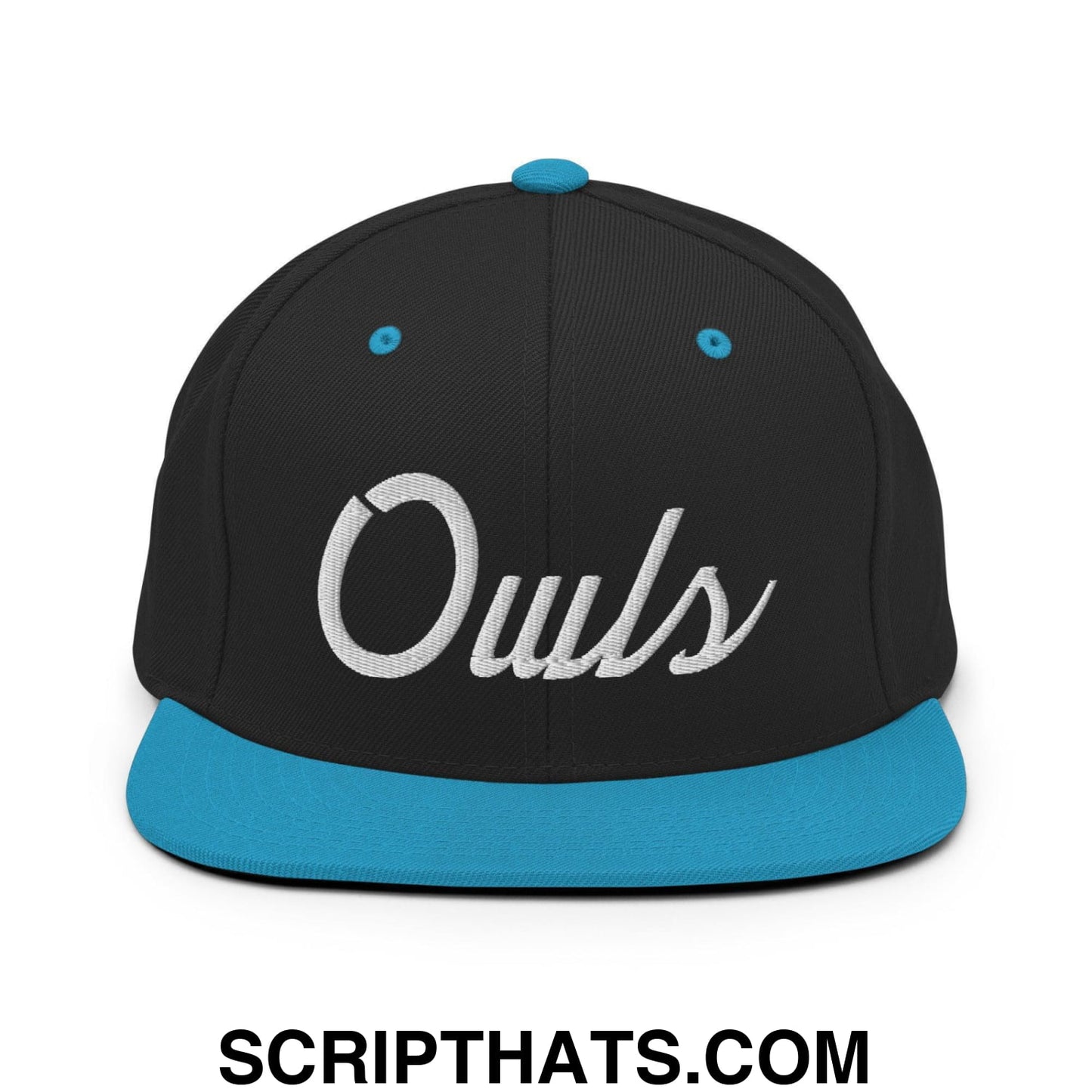 Owls School Mascot Script Snapback Hat Black Teal