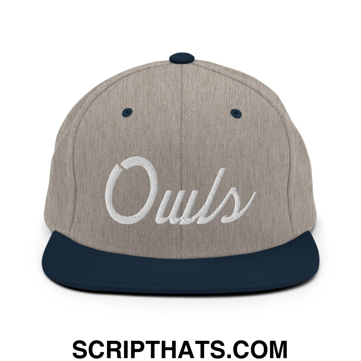 Owls School Mascot Script Snapback Hat Heather Grey Navy
