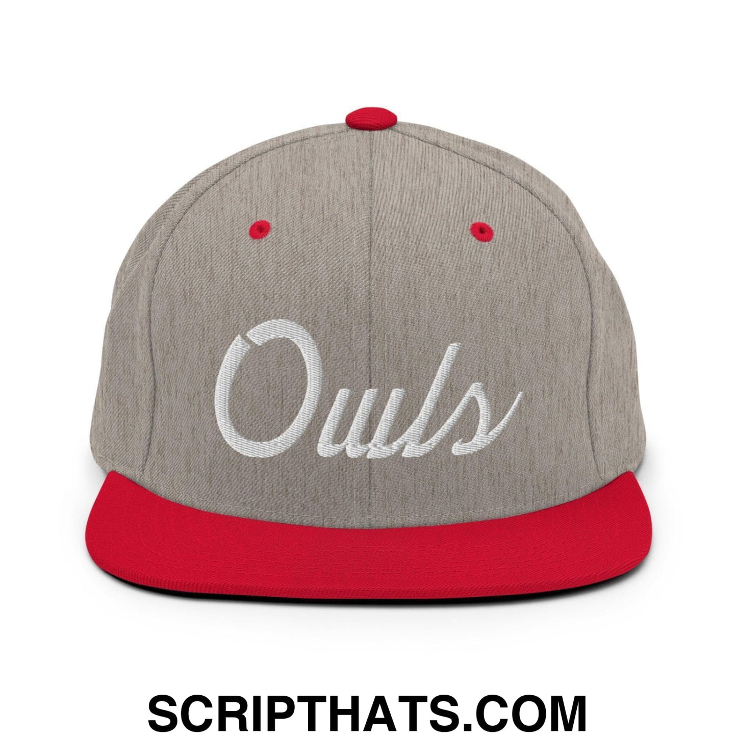 Owls School Mascot Script Snapback Hat Heather Grey Red