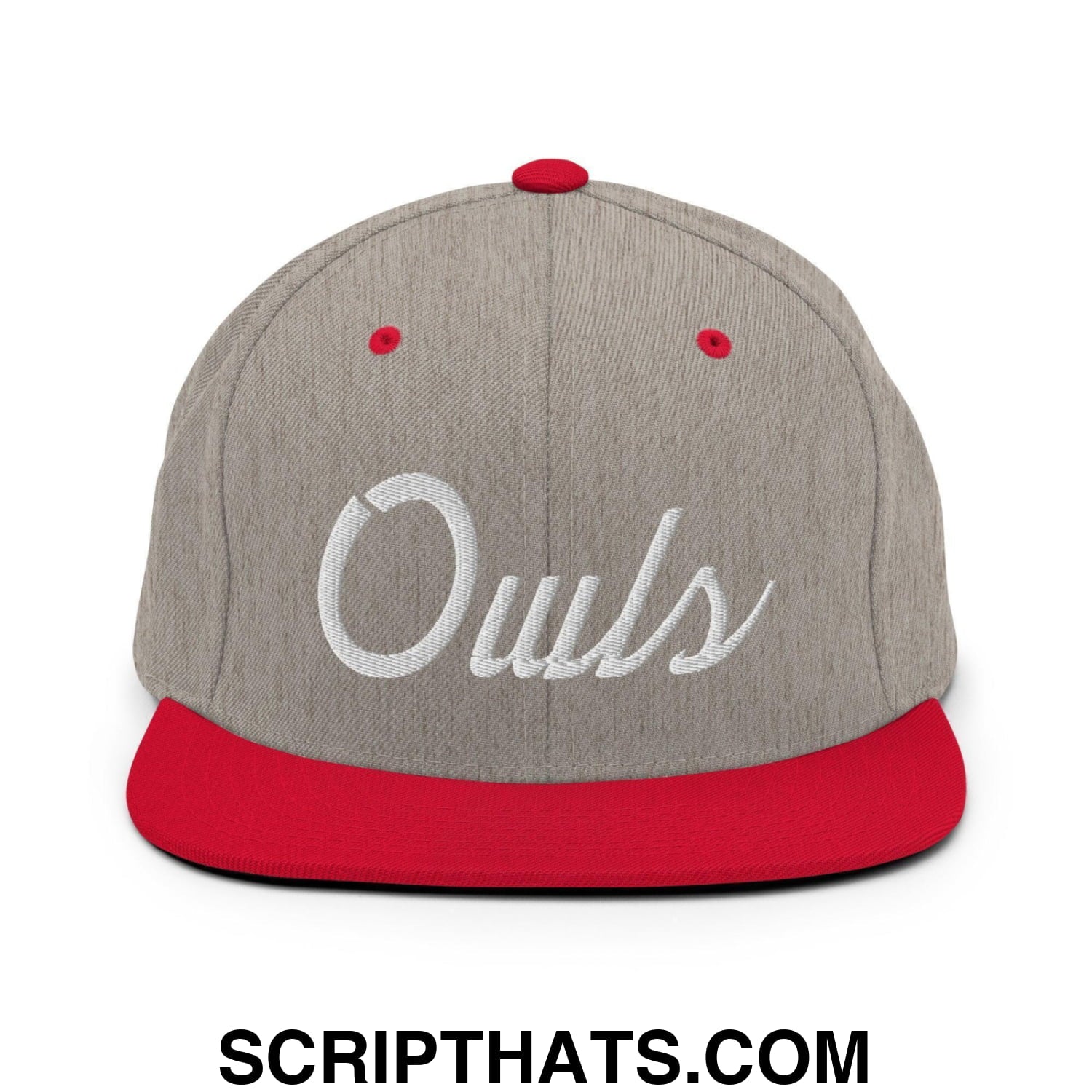 Owls School Mascot Script Snapback Hat Heather Grey Red