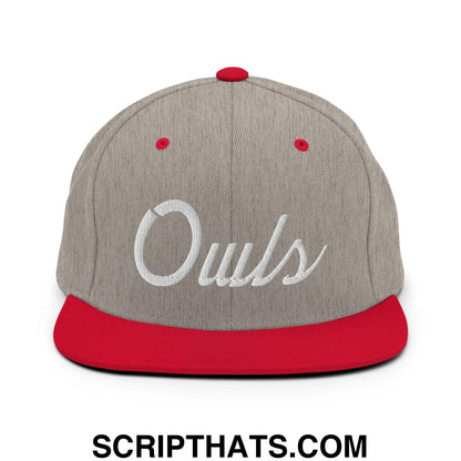 Owls School Mascot Script Snapback Hat Heather Grey Red