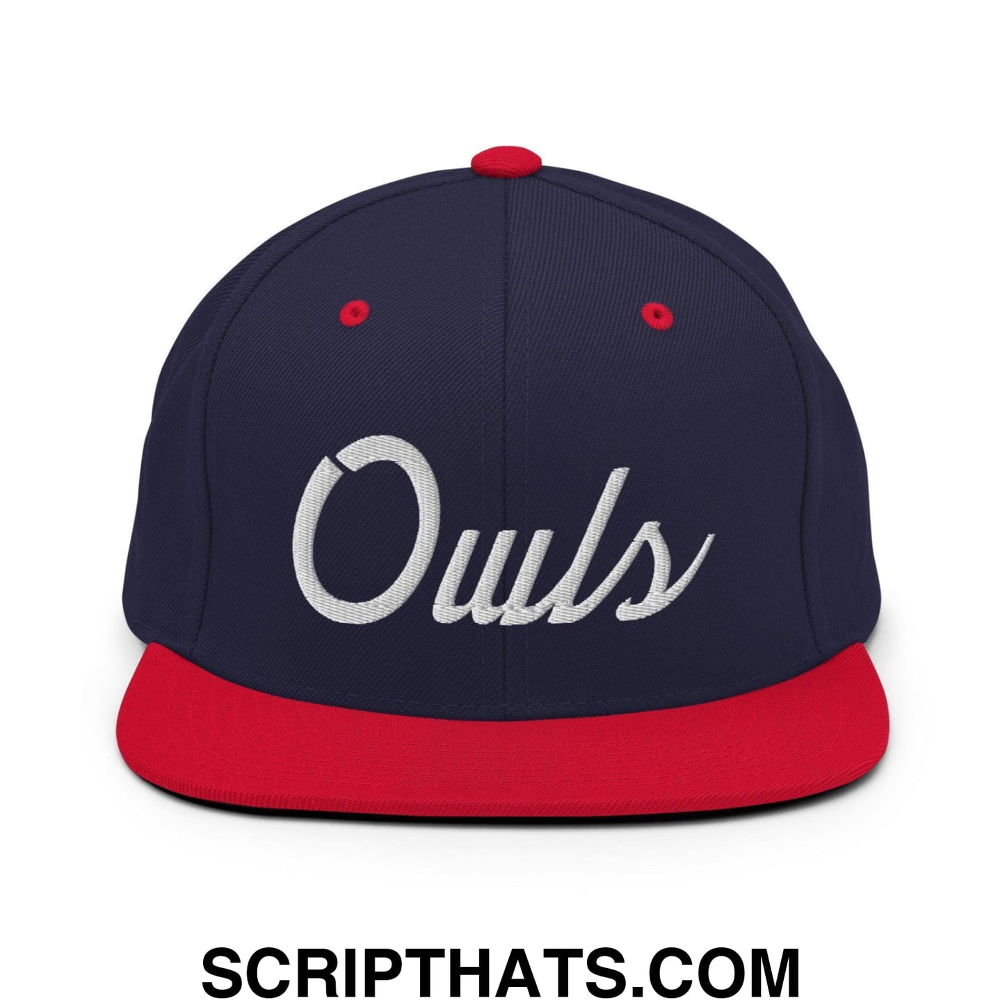 Owls School Mascot Script Snapback Hat Navy Red
