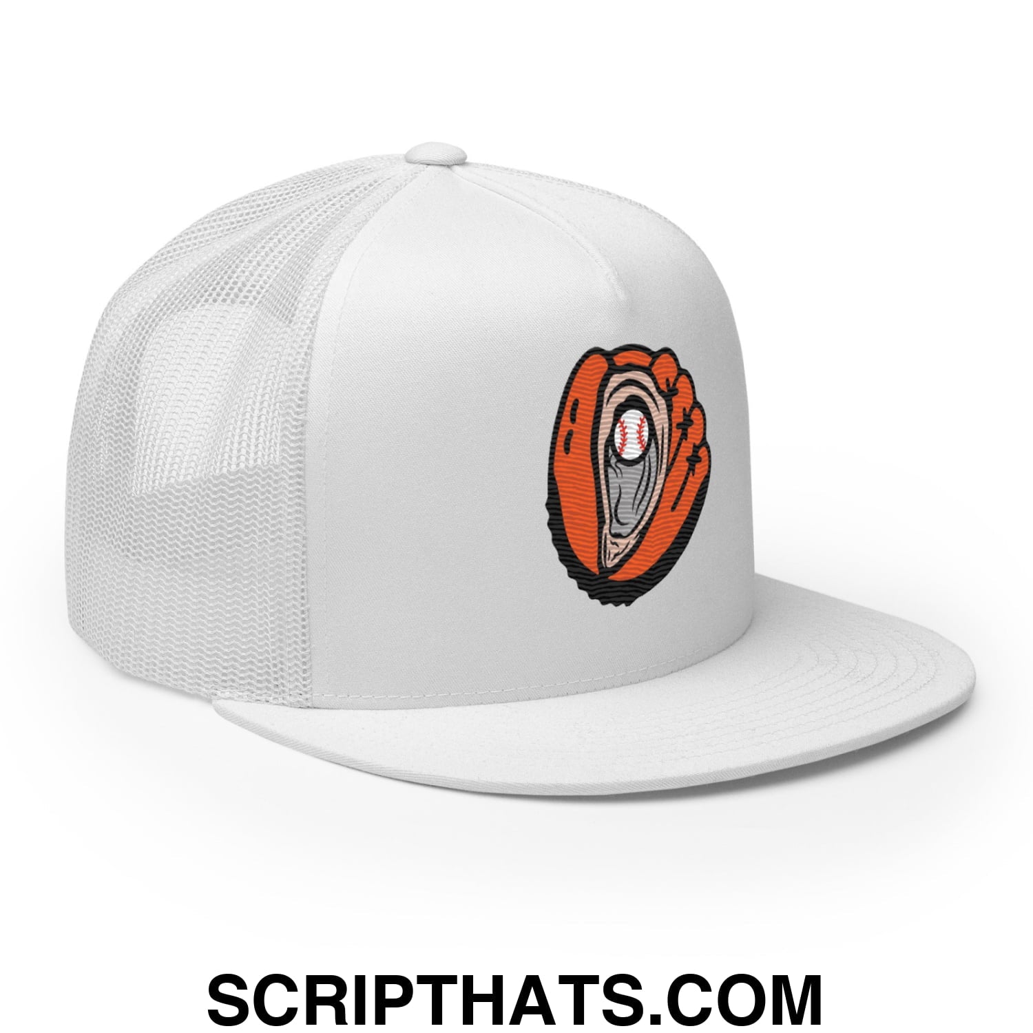 Oyster Catchers Baseball Embroidered Flat Bill Brim Mesh Trucker Hat White