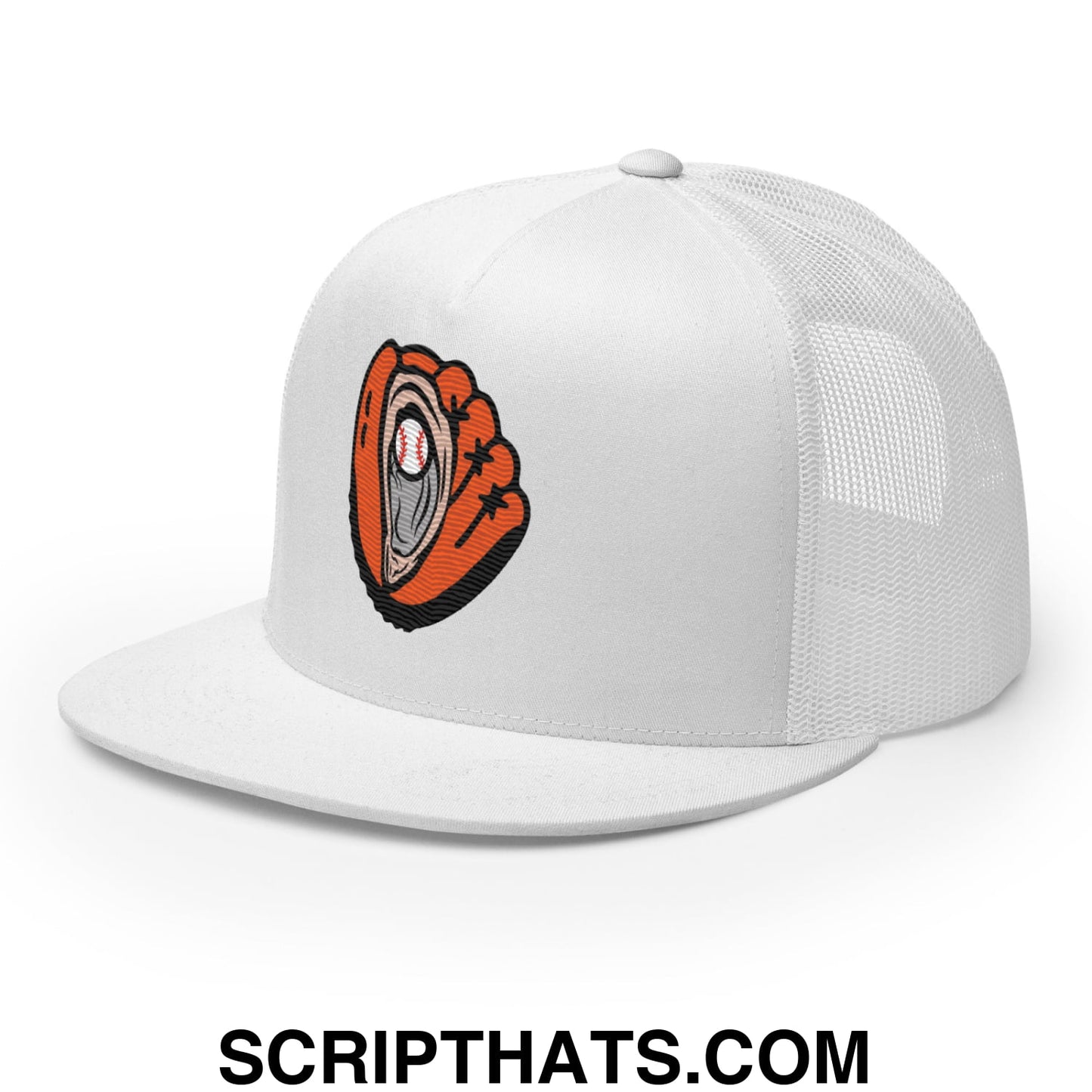 Oyster Catchers Baseball Embroidered Flat Bill Brim Mesh Trucker Hat White