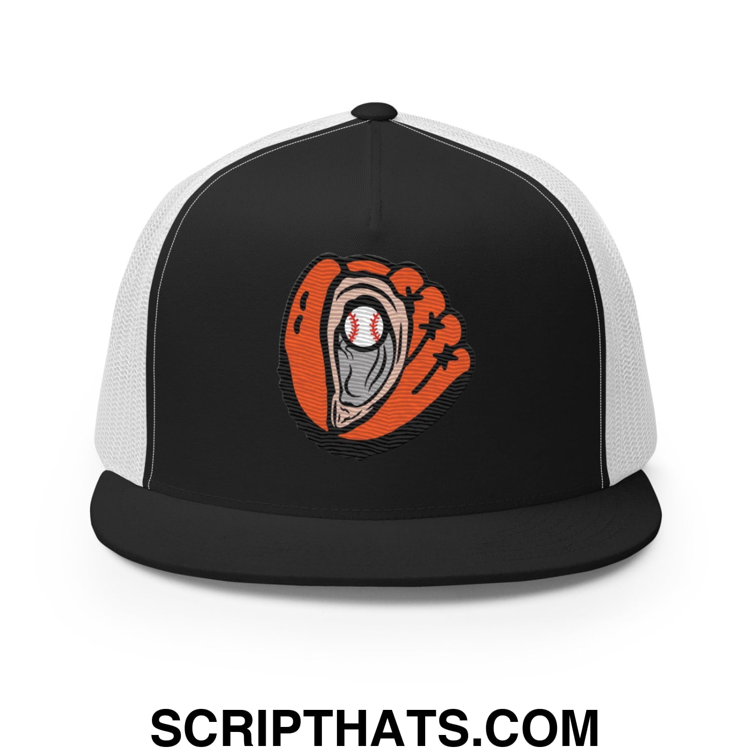 Oyster Catchers Baseball Embroidered Flat Bill Brim Mesh Trucker Hat Black White