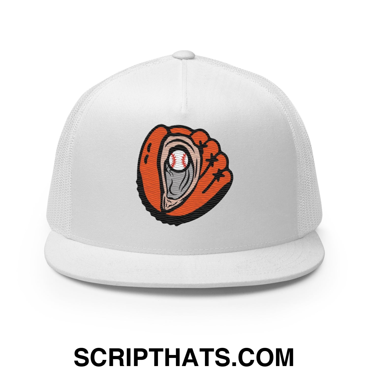 Oyster Catchers Baseball Embroidered Flat Bill Brim Mesh Trucker Hat White