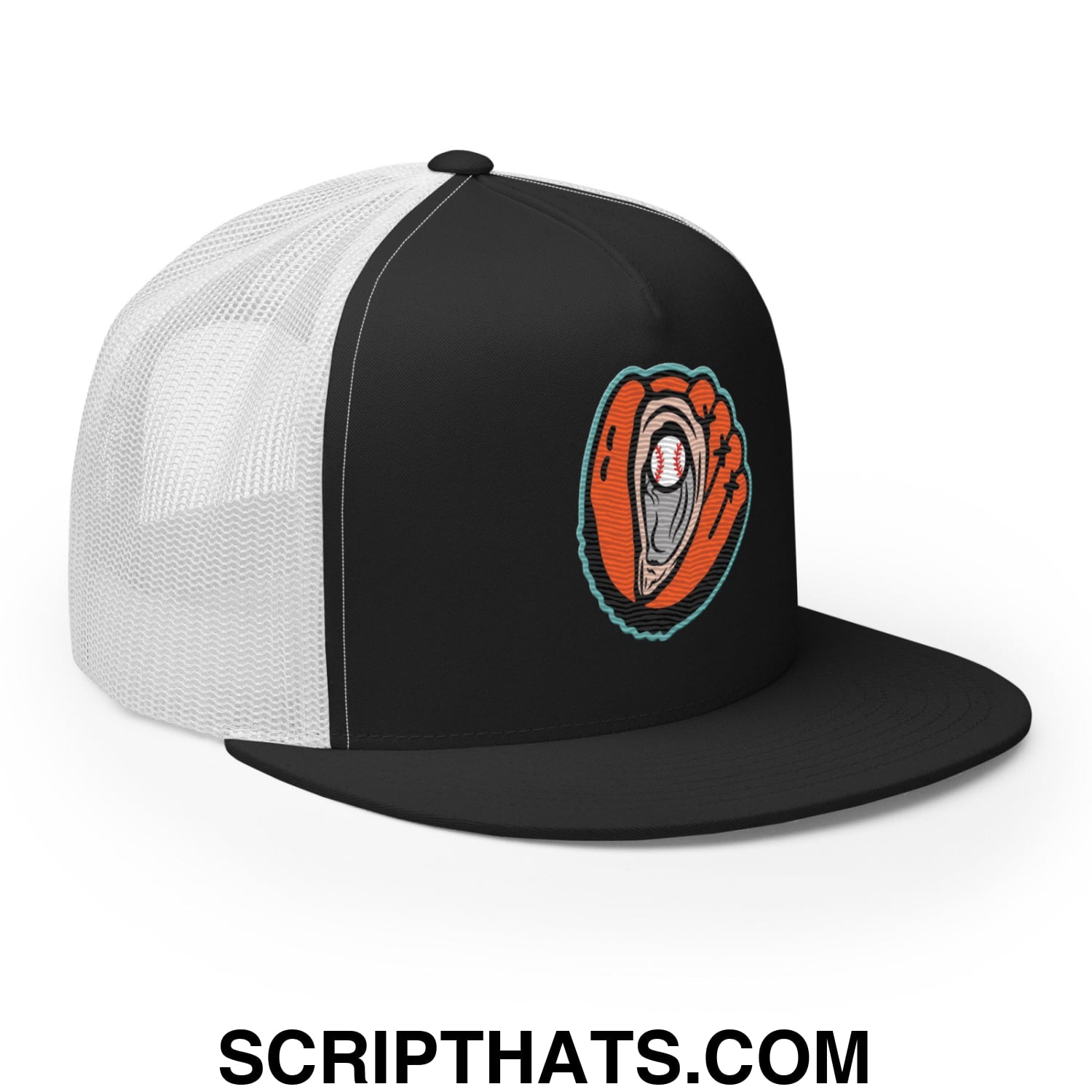 Oystercatchers Baseball Embroidered Flat Bill Brim Mesh Trucker Hat Black White