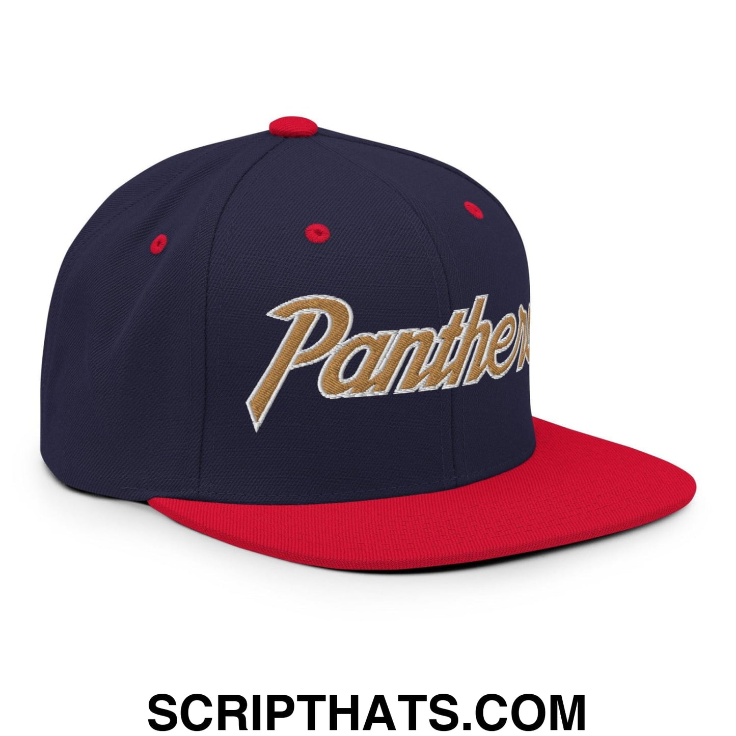 Panthers III School Mascot Vintage Sports Script Snapback Hat Navy Red