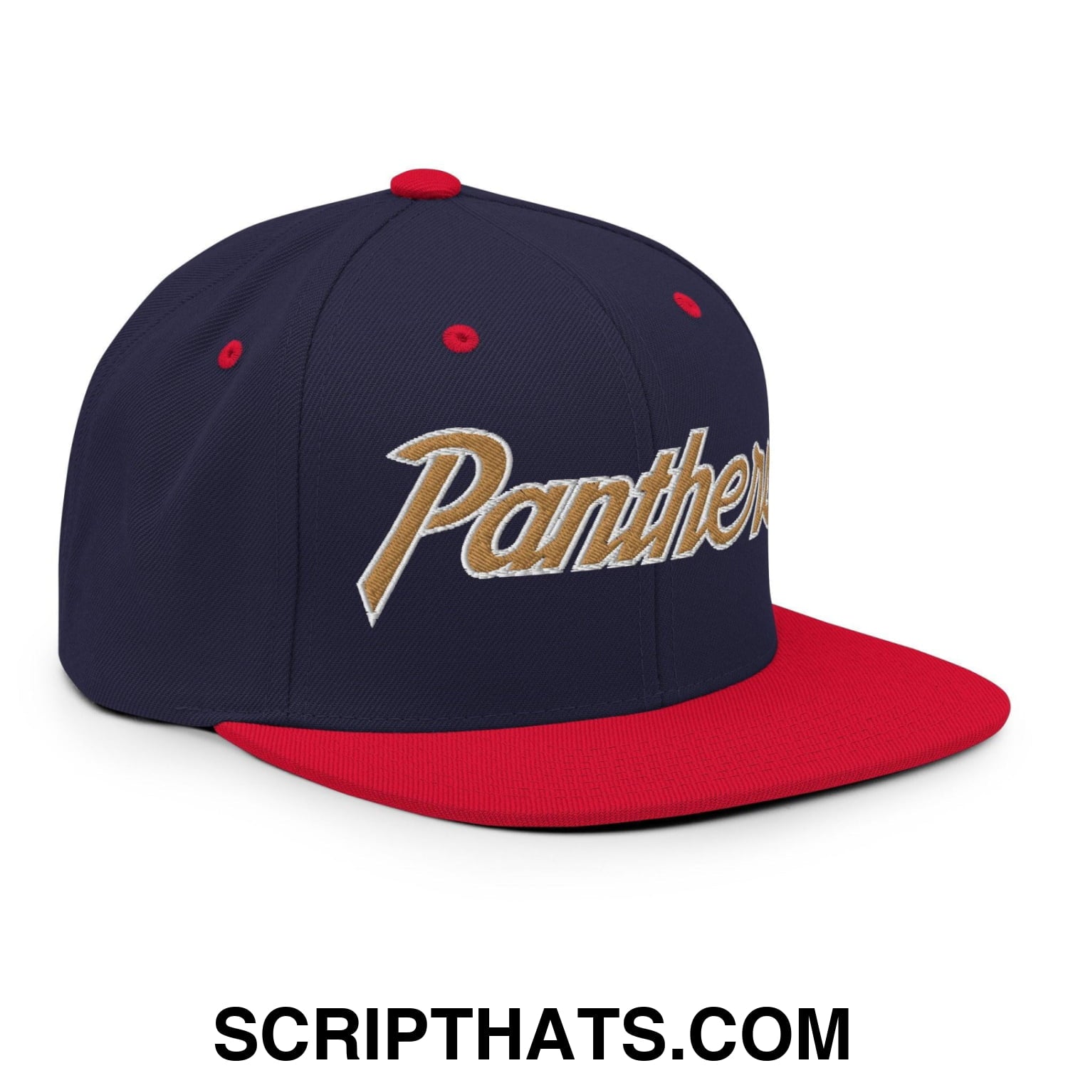 Panthers III School Mascot Vintage Sports Script Snapback Hat Navy Red