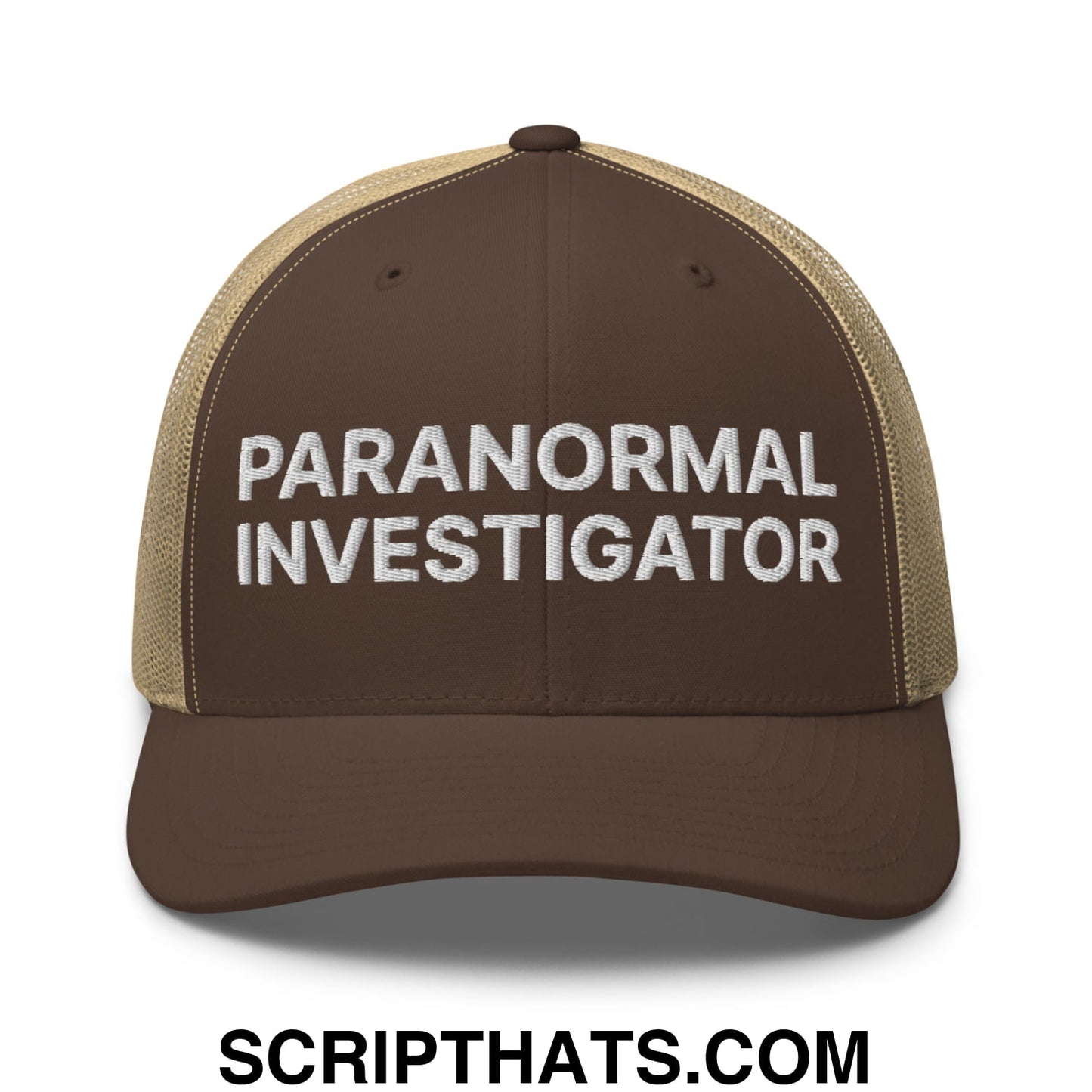Paranormal Investigator Embroidered Mesh Trucker Hat Brown Khaki