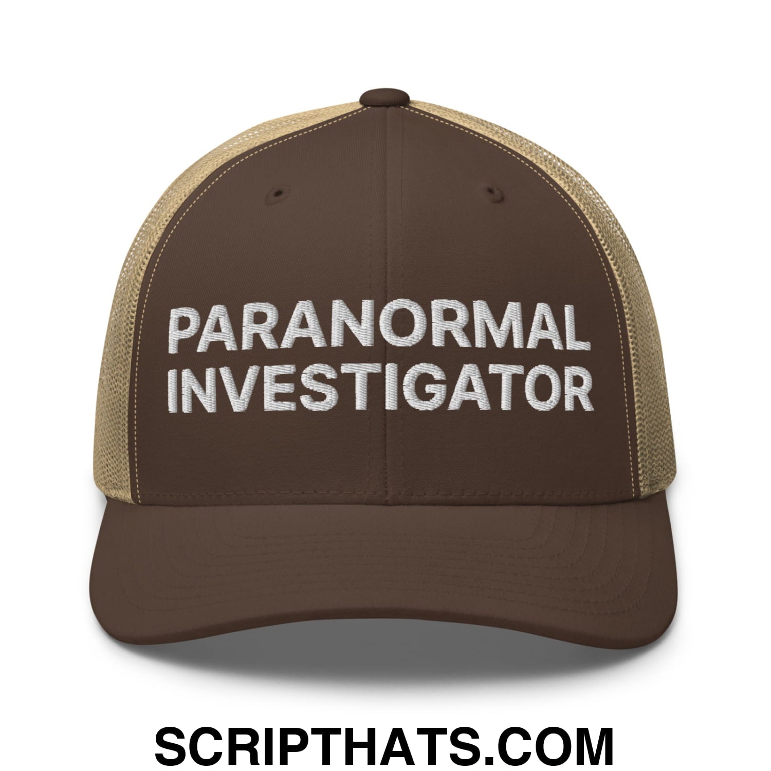 Paranormal Investigator Embroidered Mesh Trucker Hat Brown Khaki