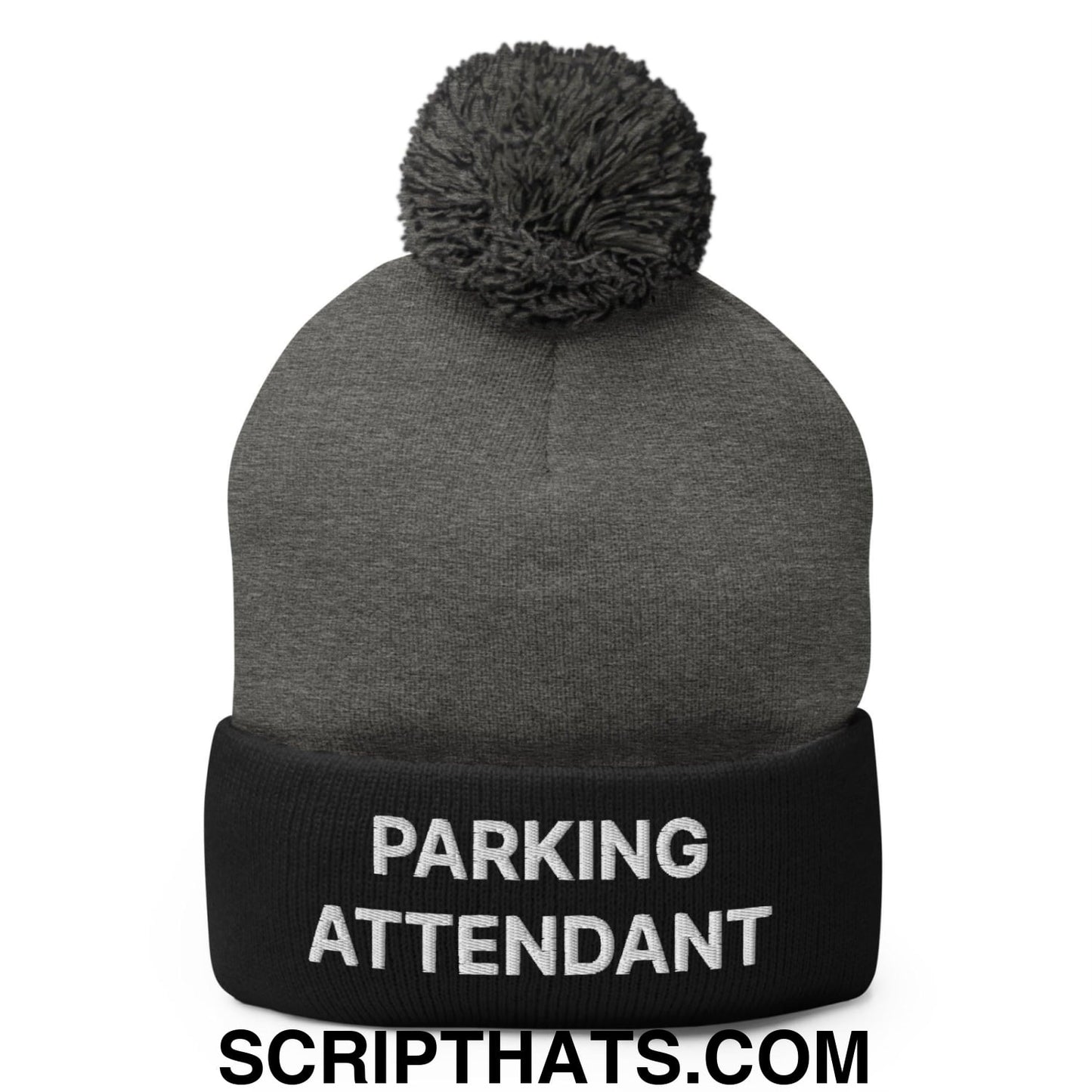 Parking Attendant Uniform Embroidered Knit Pom Pom Beanie Dark Heather Grey Black