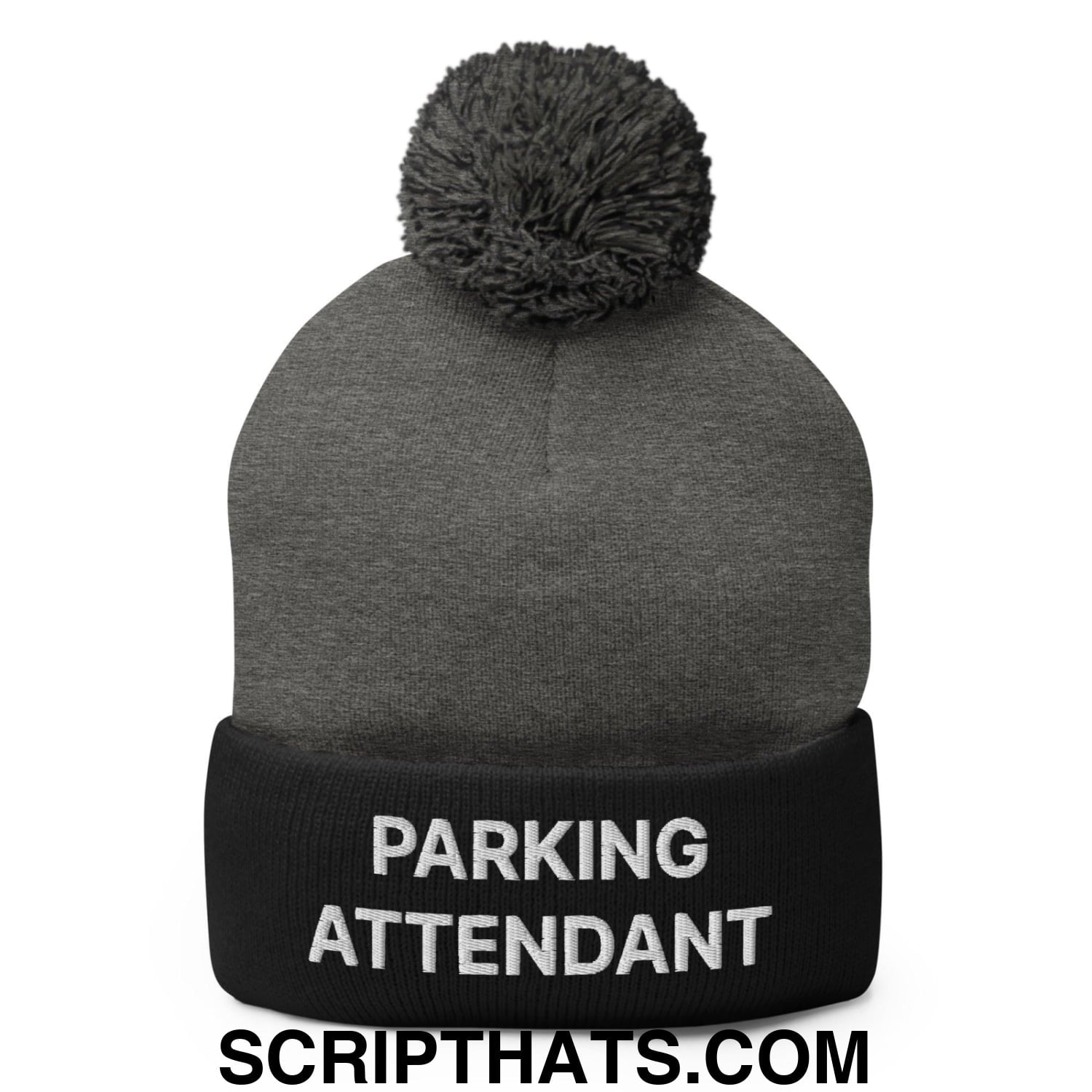 Parking Attendant Uniform Embroidered Knit Pom Pom Beanie Dark Heather Grey Black