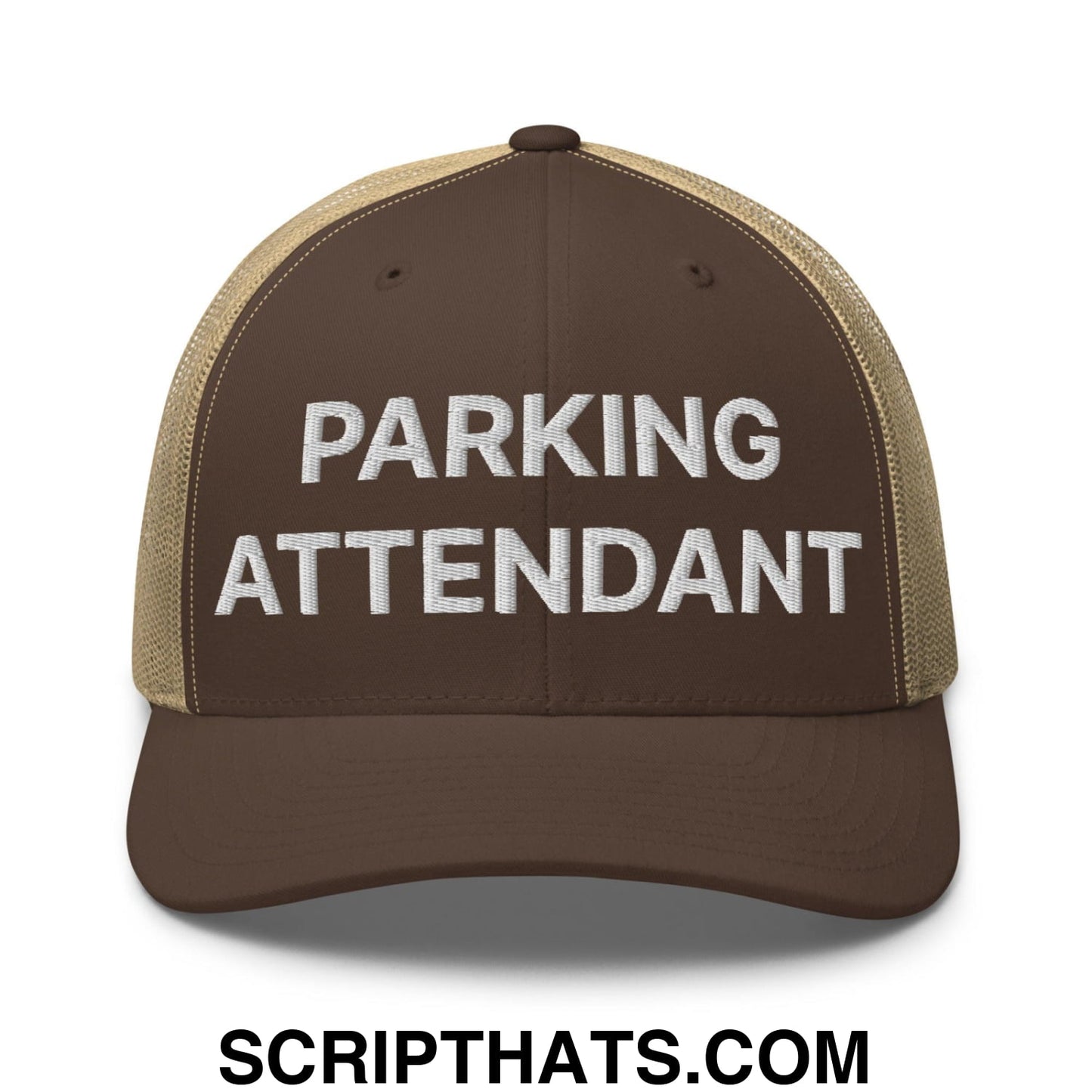Parking Attendant Work Block Embroidered Mesh Trucker Hat Brown Khaki