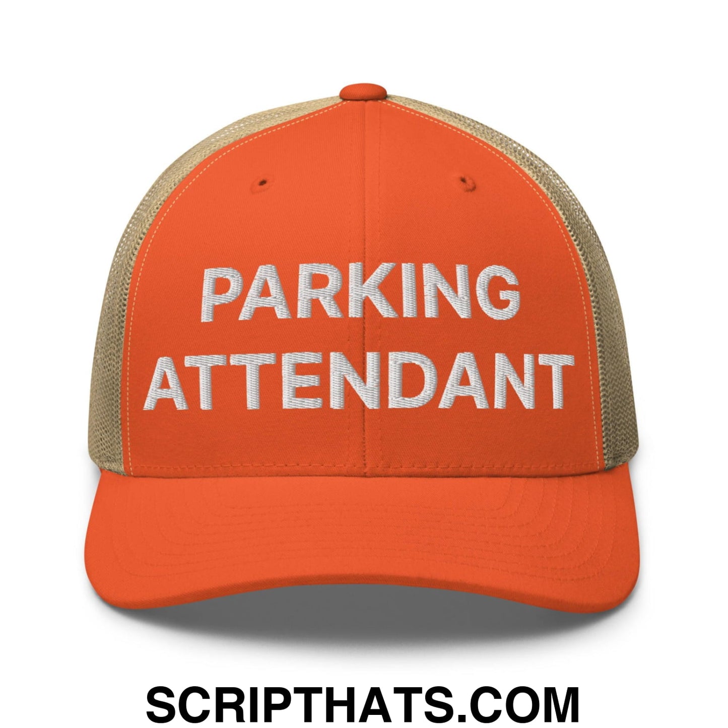 Parking Attendant Work Block Embroidered Mesh Trucker Hat Rustic Orange Khaki