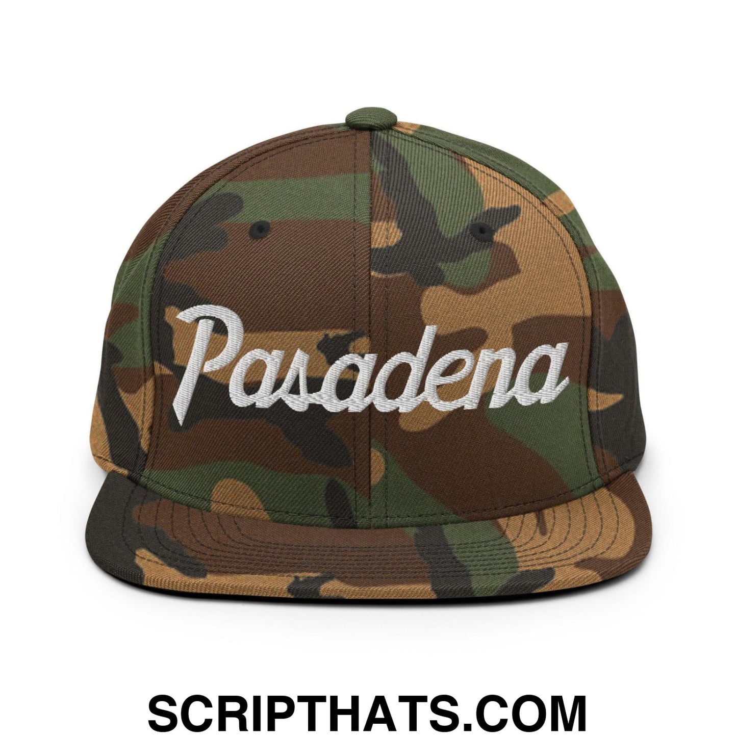Pasadena Script Snapback Hat Green Camo