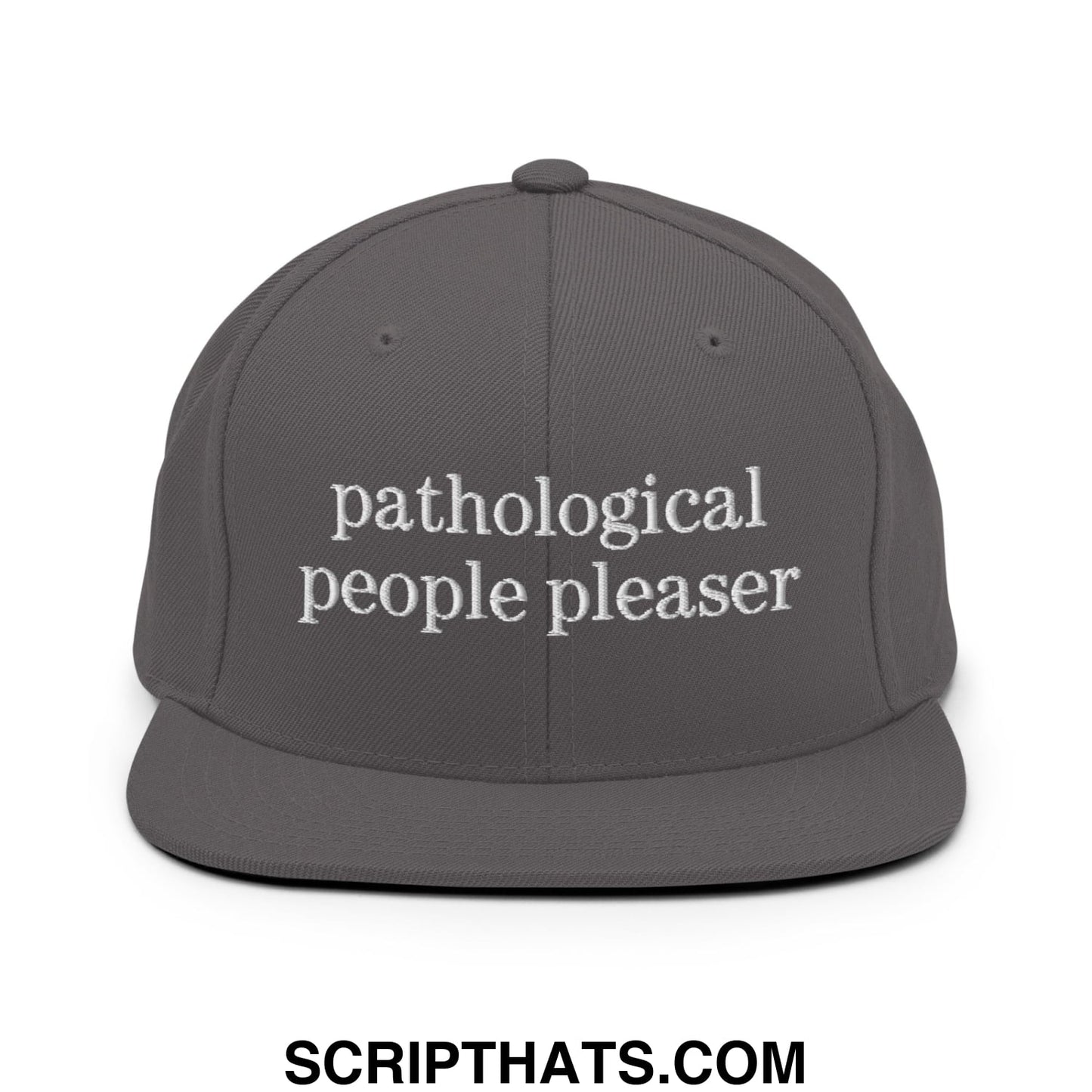 A dark gray flat bill brim snapback hat with white embroidered text reading pathological people pleaser