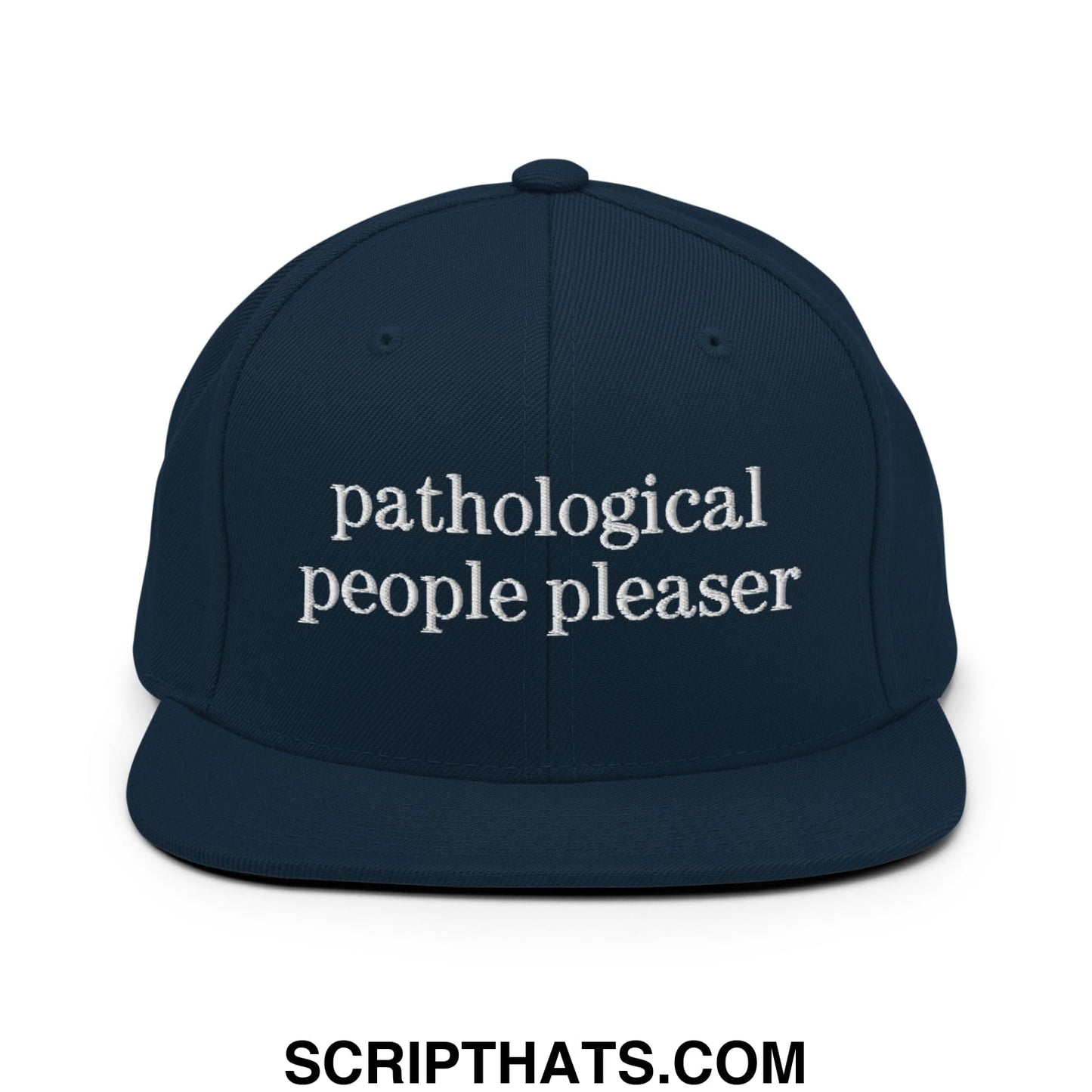 Navy blue snapback hat with white embroidered pathological people pleaser text and flat bill brim design