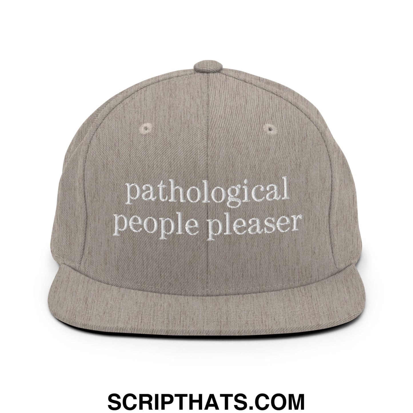 Gray heather snapback cap with white embroidered pathological people pleaser text and a flat bill brim design