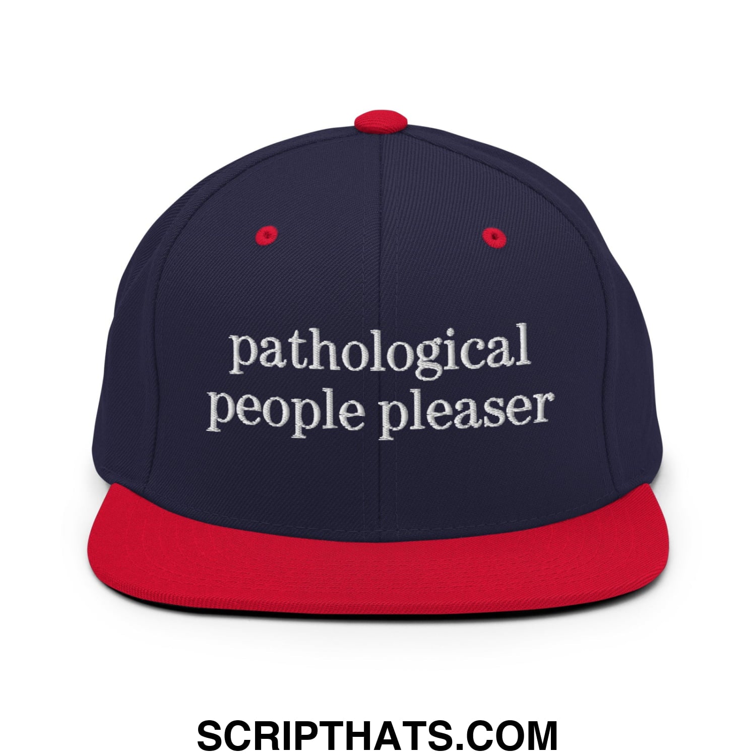 Navy blue and red snapback hat with white embroidered pathological people pleaser text and flat bill brim design