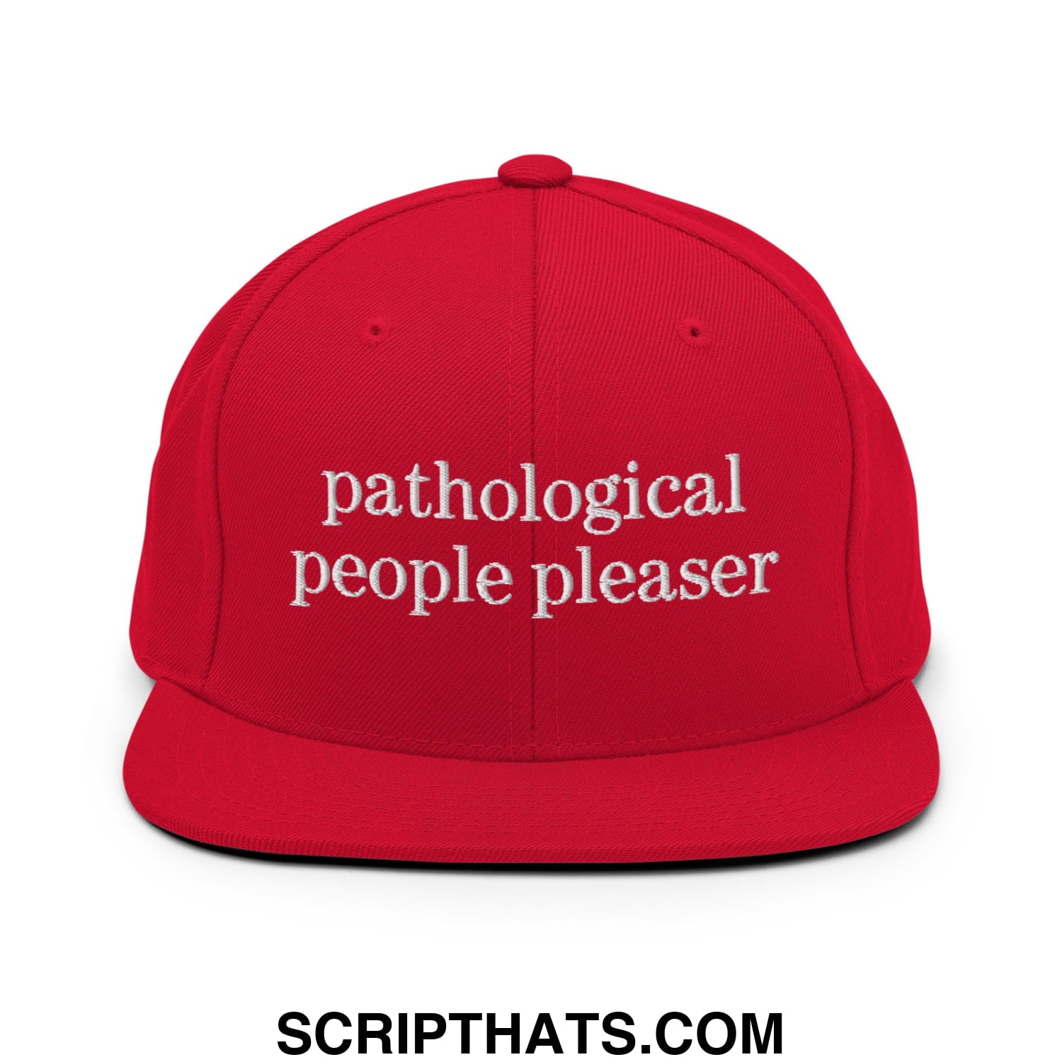Red snapback cap with white embroidered text reading pathological people pleaser flat bill brim snapback hat