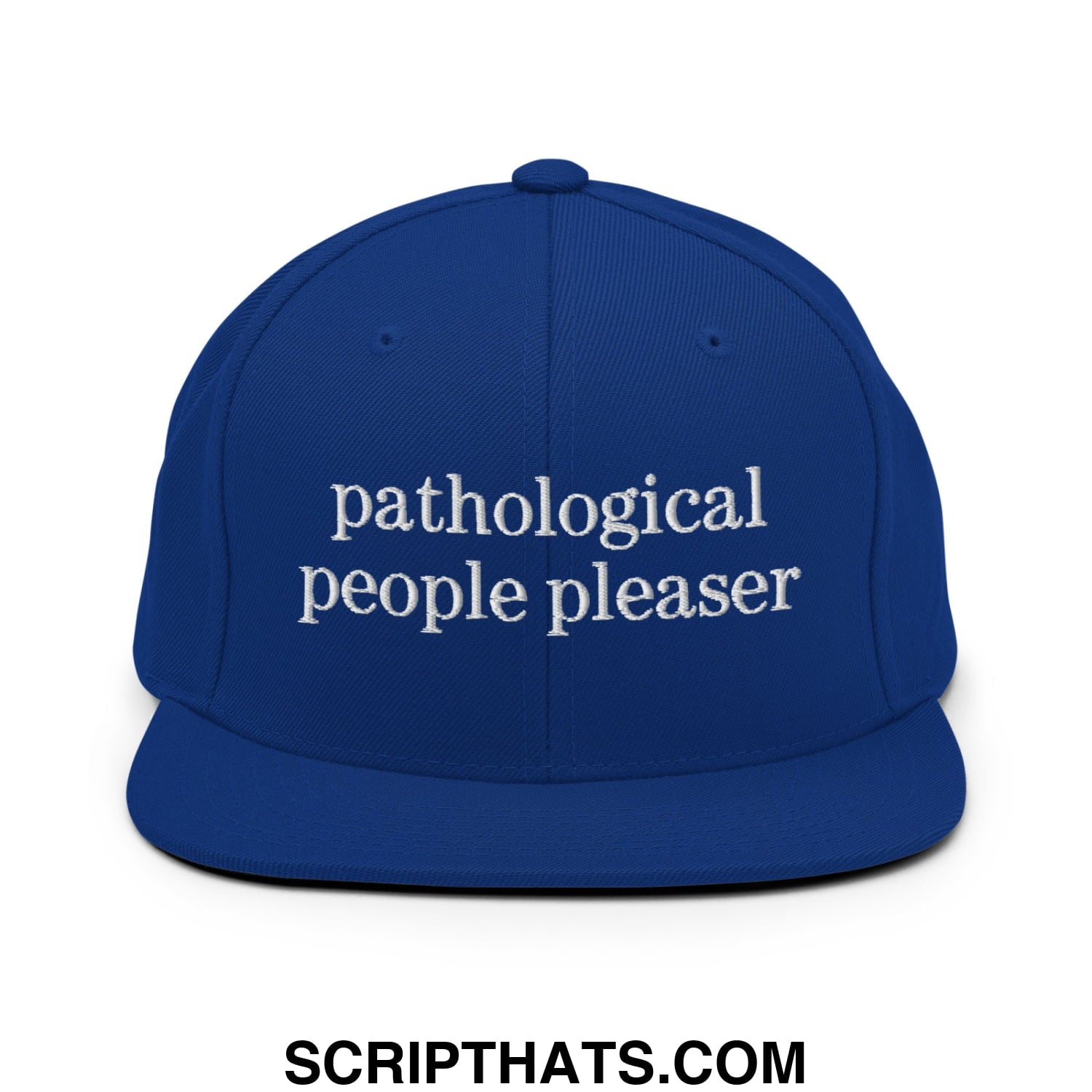 Royal blue snapback hat with flat bill brim featuring white embroidered text reading pathological people pleaser