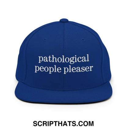 Royal blue snapback hat with flat bill brim featuring white embroidered text reading pathological people pleaser