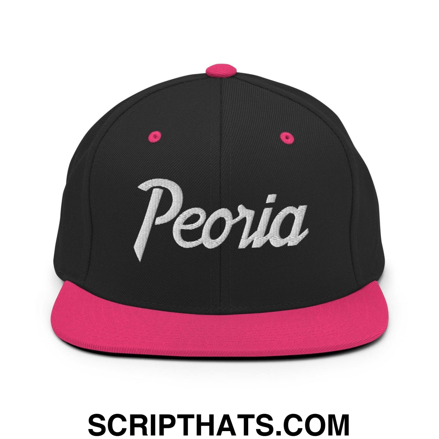 Peoria Script Snapback Hat Black Neon Pink