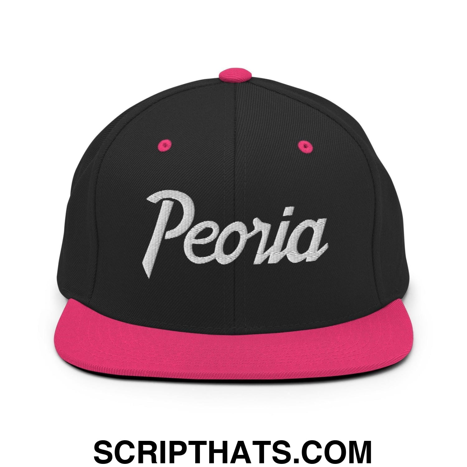 Peoria Script Snapback Hat Black Neon Pink
