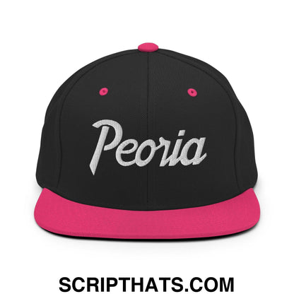 Peoria Script Snapback Hat Black Neon Pink