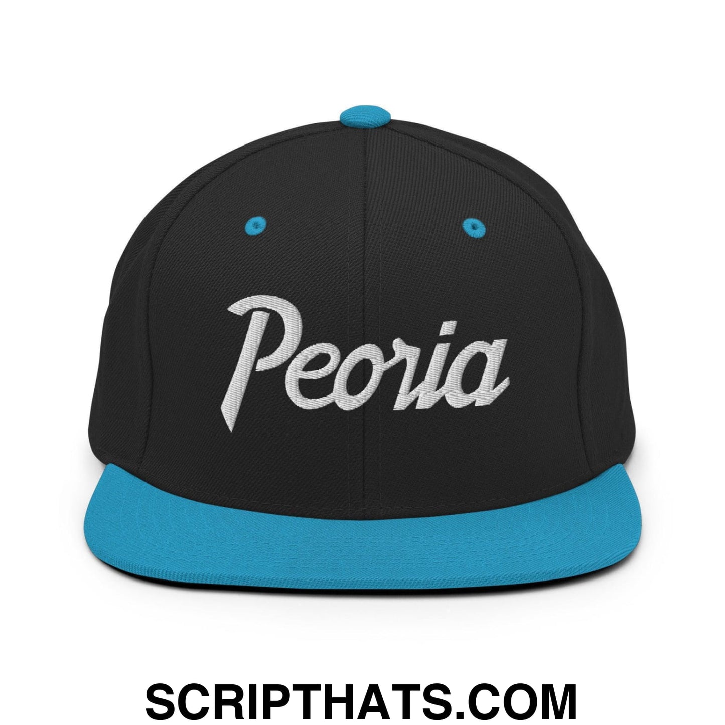 Peoria Script Snapback Hat Black Teal