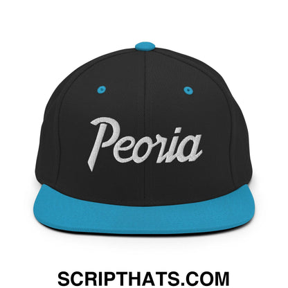 Peoria Script Snapback Hat Black Teal