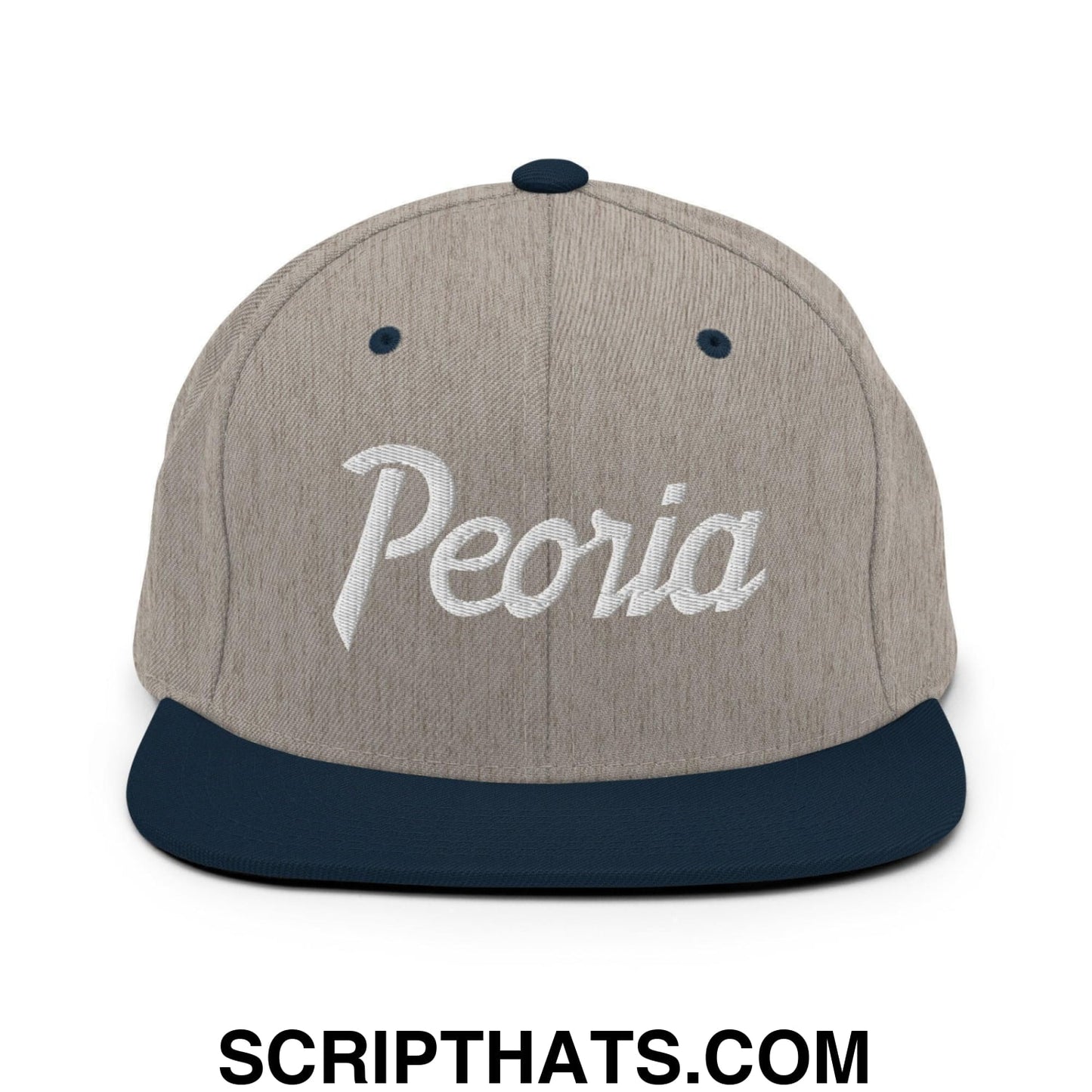 Peoria Script Snapback Hat Heather Grey Navy