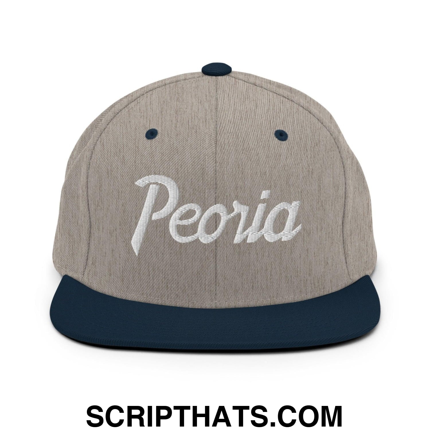 Peoria Script Snapback Hat Heather Grey Navy