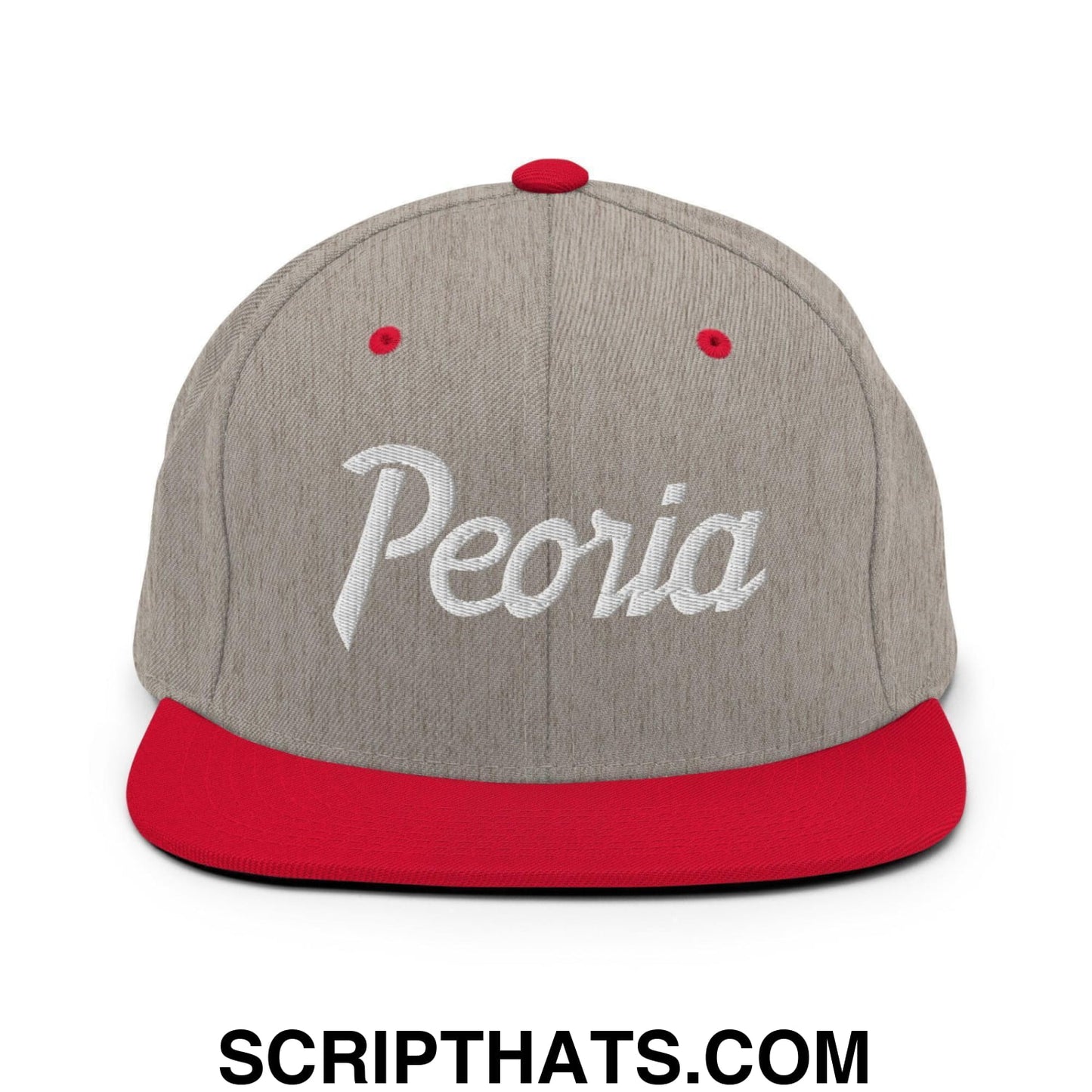 Peoria Script Snapback Hat Heather Grey Red