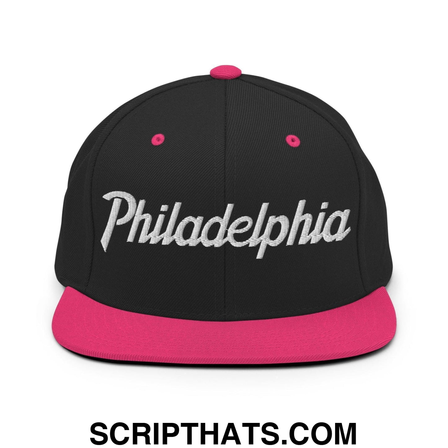 Philadelphia Script Snapback Hat Black Neon Pink